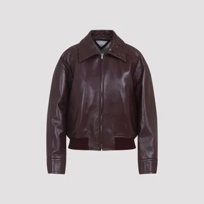 Bottega Veneta Leather Jacket With Intrecciato Motif Collar In Burgundy