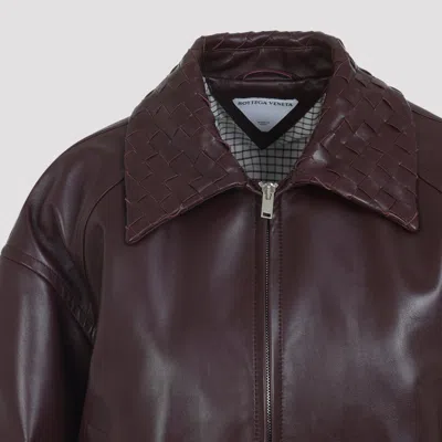 Bottega Veneta Leather Jacket With Intrecciato Motif Collar In Burgundy