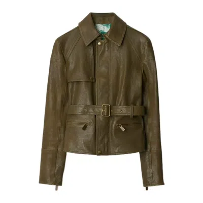 Burberry Belt Design Leather Jacket In Green