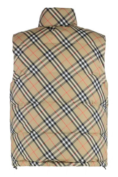 Burberry Beige Sleeveless Reversible Down Jacket With High Neck And All-over Check Motif In Tech Fabric Man In Neutral