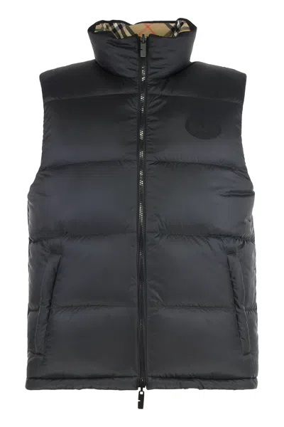 Burberry Beige Sleeveless Reversible Down Jacket With High Neck And All-over Check Motif In Tech Fabric Man In Neutral