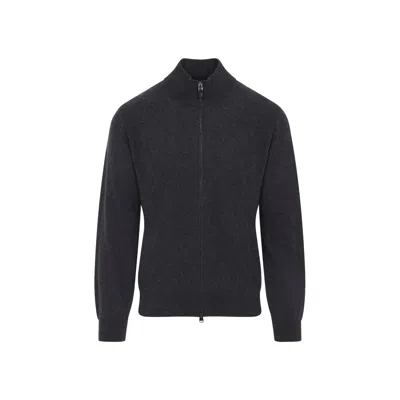Canali Dark Neutral Wool-cashmere Blend Zip-through Sweater In Black