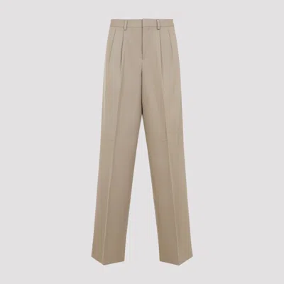 Celine Beige Pleated Cotton And Wool Pants In Green