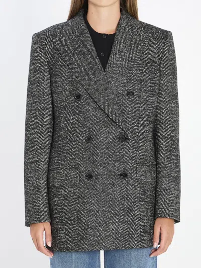 Dolce & Gabbana Double-breasted Herringbone Jacket With Animal Print Lining In Gray