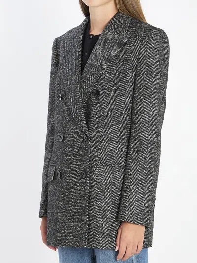 Dolce & Gabbana Double-breasted Herringbone Jacket With Animal Print Lining In Gray