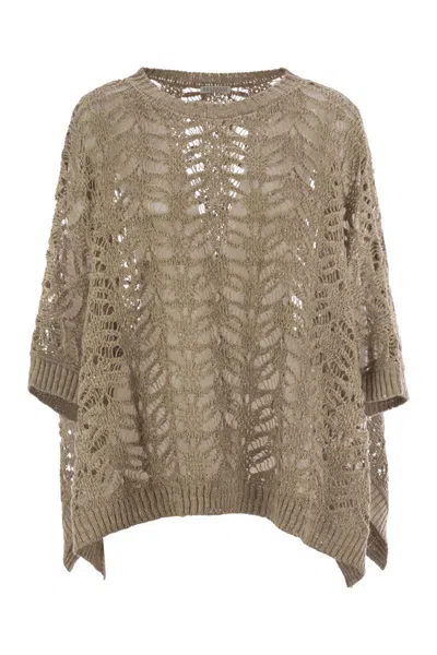 Brunello Cucinelli Foliage Lace Knitted Poncho In Linen And Diamond Silk In Green