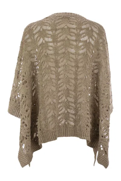 Brunello Cucinelli Foliage Lace Knitted Poncho In Linen And Diamond Silk In Green