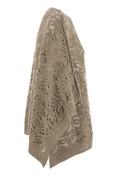 Brunello Cucinelli Foliage Lace Knitted Poncho In Linen And Diamond Silk In Green
