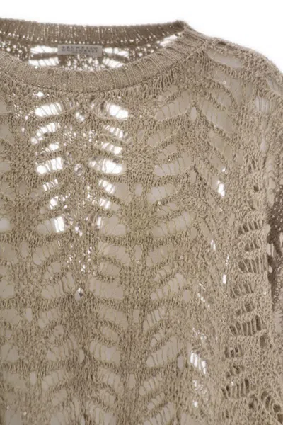 Brunello Cucinelli Foliage Lace Knitted Poncho In Linen And Diamond Silk In Green