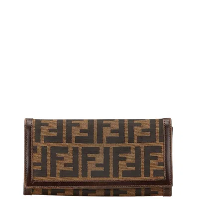 Pre-owned Fendi Black Brown Canvas Leather Long Wallet (bi-fold) () In Multi