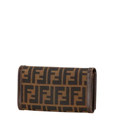 Pre-owned Fendi Black Brown Canvas Leather Long Wallet (bi-fold) () In Multi