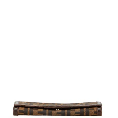 Pre-owned Fendi Black Brown Canvas Leather Long Wallet (bi-fold) () In Multi