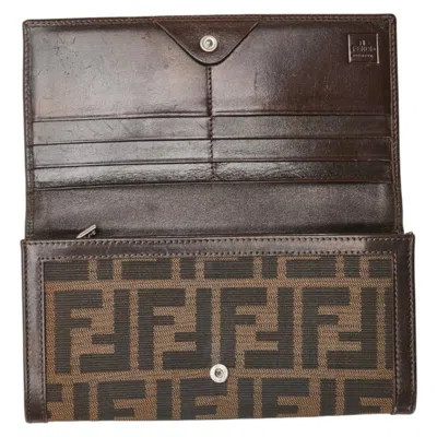 Pre-owned Fendi Black Brown Canvas Leather Long Wallet (bi-fold) () In Multi