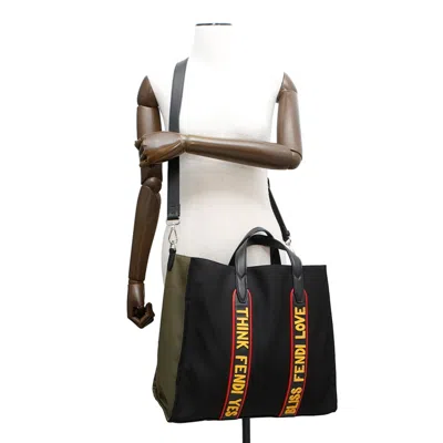 Pre-owned Fendi Black Khaki Nylon Leather Tote Bag () In Multi