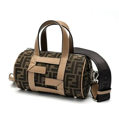 Pre-owned Fendi Brown Grayish Canvas Leather Boston Bag Shoulder Bag ()