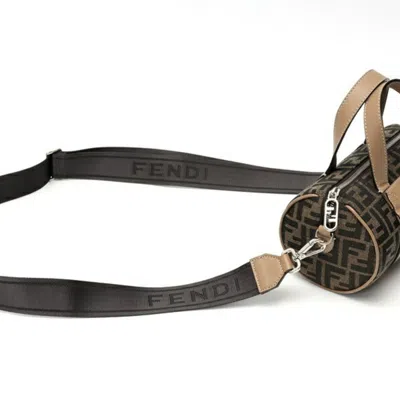 Pre-owned Fendi Brown Grayish Canvas Leather Boston Bag Shoulder Bag ()