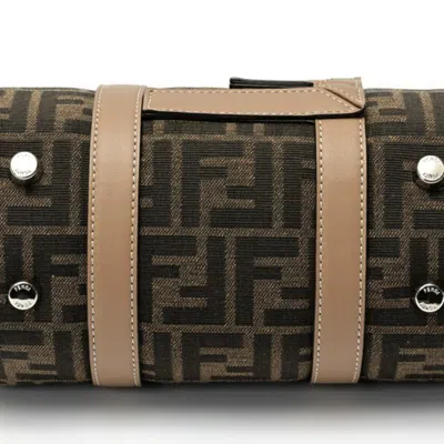 Pre-owned Fendi Brown Grayish Canvas Leather Boston Bag Shoulder Bag ()