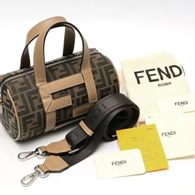 Pre-owned Fendi Brown Grayish Canvas Leather Boston Bag Shoulder Bag ()