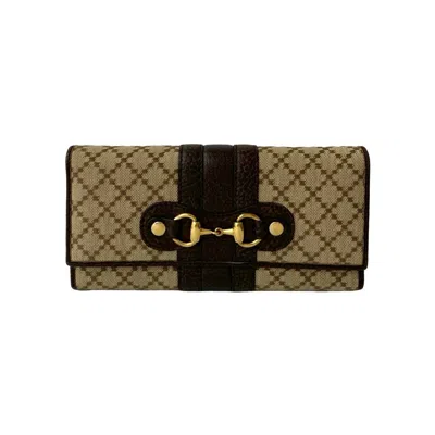 Pre-owned Gucci Beige Brown Leather Canvas Long Wallet (bi-fold) () In Multi