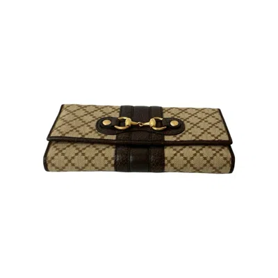 Pre-owned Gucci Beige Brown Leather Canvas Long Wallet (bi-fold) () In Multi
