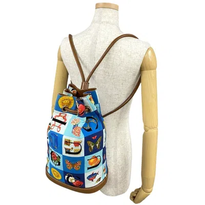 Pre-owned Gucci Blue Brown Leather Canvas Backpack Shoulder Bag () In Multi
