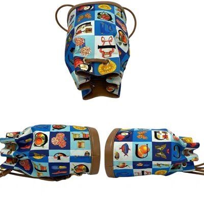 Pre-owned Gucci Blue Brown Leather Canvas Backpack Shoulder Bag () In Multi