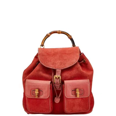 Pre-owned Gucci Red Brown Bamboo Leather Backpack ()