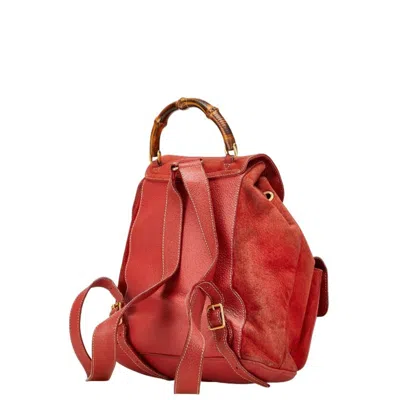 Pre-owned Gucci Red Brown Bamboo Leather Backpack ()