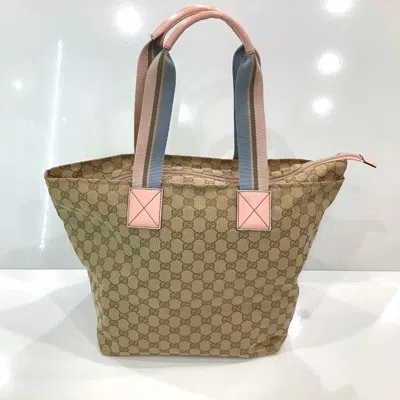 Pre-owned Gucci Sherry Line Beige Pink Canvas Leather Tote Bag ()