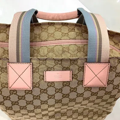 Pre-owned Gucci Sherry Line Beige Pink Canvas Leather Tote Bag ()