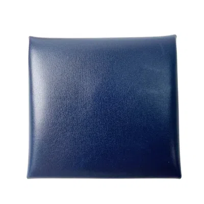Pre-owned Hermes Bastia Navy Box Calf Leather Coin Purse/coin Case () In Blue