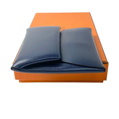 Pre-owned Hermes Bastia Navy Box Calf Leather Coin Purse/coin Case () In Blue