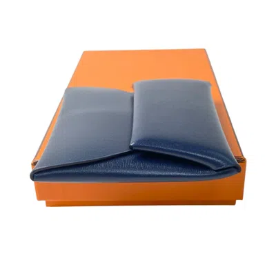 Pre-owned Hermes Bastia Navy Box Calf Leather Coin Purse/coin Case () In Blue