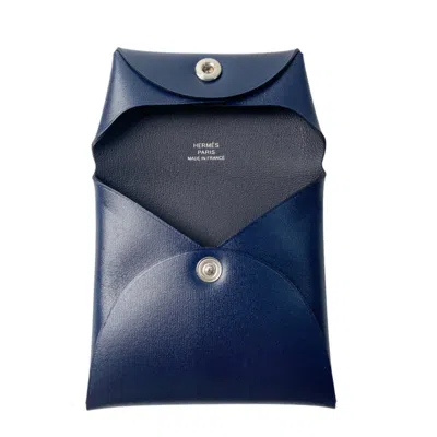 Pre-owned Hermes Bastia Navy Box Calf Leather Coin Purse/coin Case () In Blue