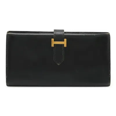 Pre-owned Hermes Bearn Black Box Calf Leather Long Wallet (bi-fold) ()