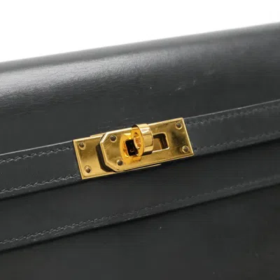 Pre-owned Hermes Black Box Calf Leather Long Wallet (bi-fold) ()