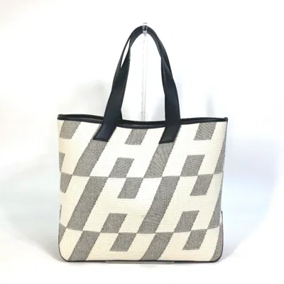 Pre-owned Hermes Black Gray White Canvas Swift Leather Handbag Tote Bag ()