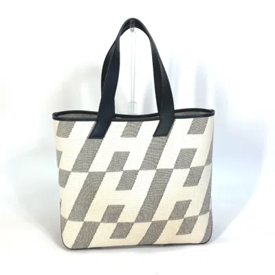Pre-owned Hermes Black Gray White Canvas Swift Leather Handbag Tote Bag ()
