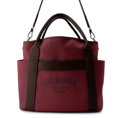 Pre-owned Hermes Chocolat Rouge H Toile Chevron Canvas Handbag Shoulder Bag Tote Bag ()