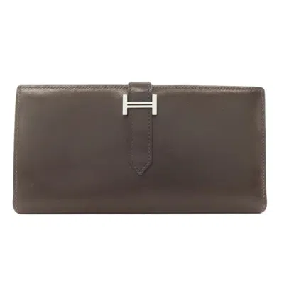 Pre-owned Hermes Dark Brown Box Calf Leather Long Wallet (bi-fold) ()