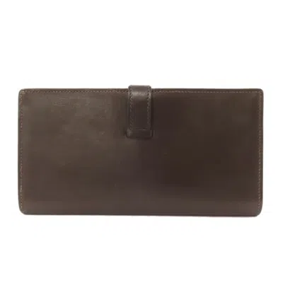 Pre-owned Hermes Dark Brown Box Calf Leather Long Wallet (bi-fold) ()