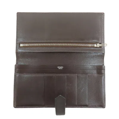 Pre-owned Hermes Dark Brown Box Calf Leather Long Wallet (bi-fold) ()