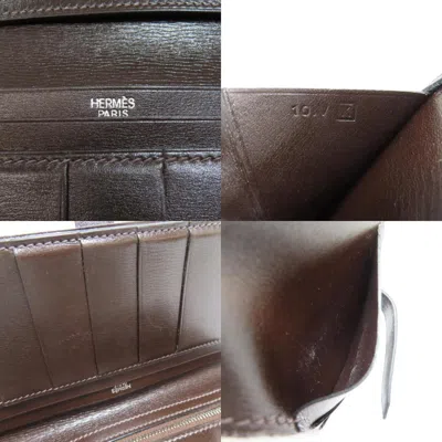 Pre-owned Hermes Dark Brown Box Calf Leather Long Wallet (bi-fold) ()