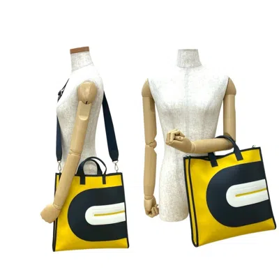 Pre-owned Hermes Navy White Yellow Canvas Leather Shoulder Bag Tote Bag ()