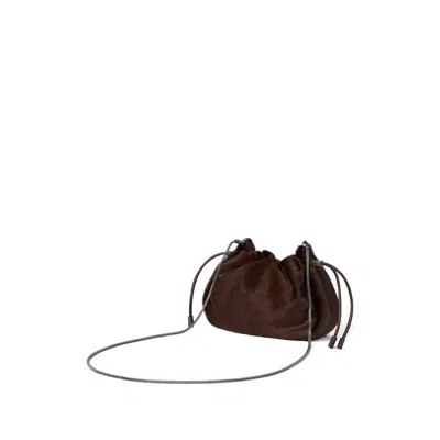 Brunello Cucinelli Mellow Mini Bucket Bag In Calf Hair With Precious Chain In Brown