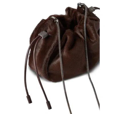 Brunello Cucinelli Mellow Mini Bucket Bag In Calf Hair With Precious Chain In Brown