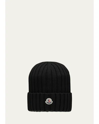 Moncler Mol20933b00036a9327999bb Ribbed Merino Wool Beanie In Black