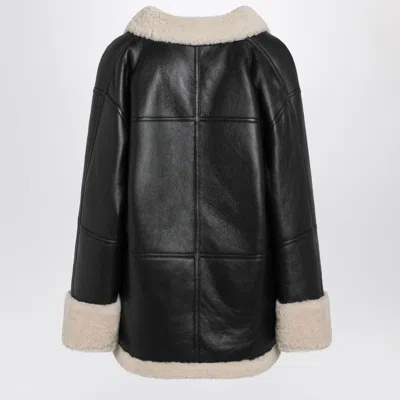 Totême Black Leather Zipped Jacket With Shearling Lining In Black