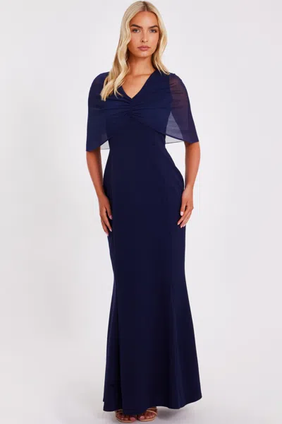 Quiz Scuba Crepe Maxi Dress With Mesh Cape In Blue