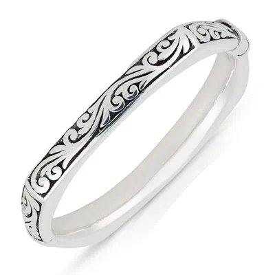 Maxcolor Sterling Silver Filigree Squared Bangle Bracelet With Hinged Clasp In Silver